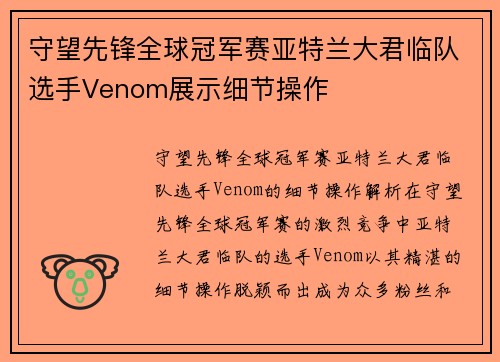 守望先锋全球冠军赛亚特兰大君临队选手Venom展示细节操作