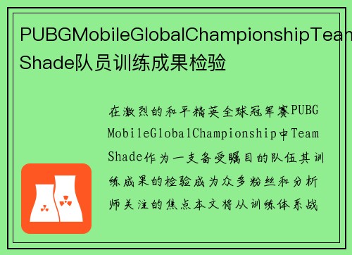PUBGMobileGlobalChampionshipTeamShade队员训练成果检验